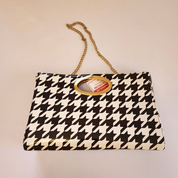 EY Boutique Handbag Womens Black White Have Some Houndstooth Gold Chain Handles - Picture 1 of 8